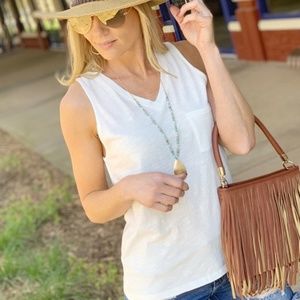 Infinity Raine Tops - Ivory Sleeveless V-Neck Pocket Tee Infinity Raine Tops - Ivory Sleeveless V-Neck Pocket Tee